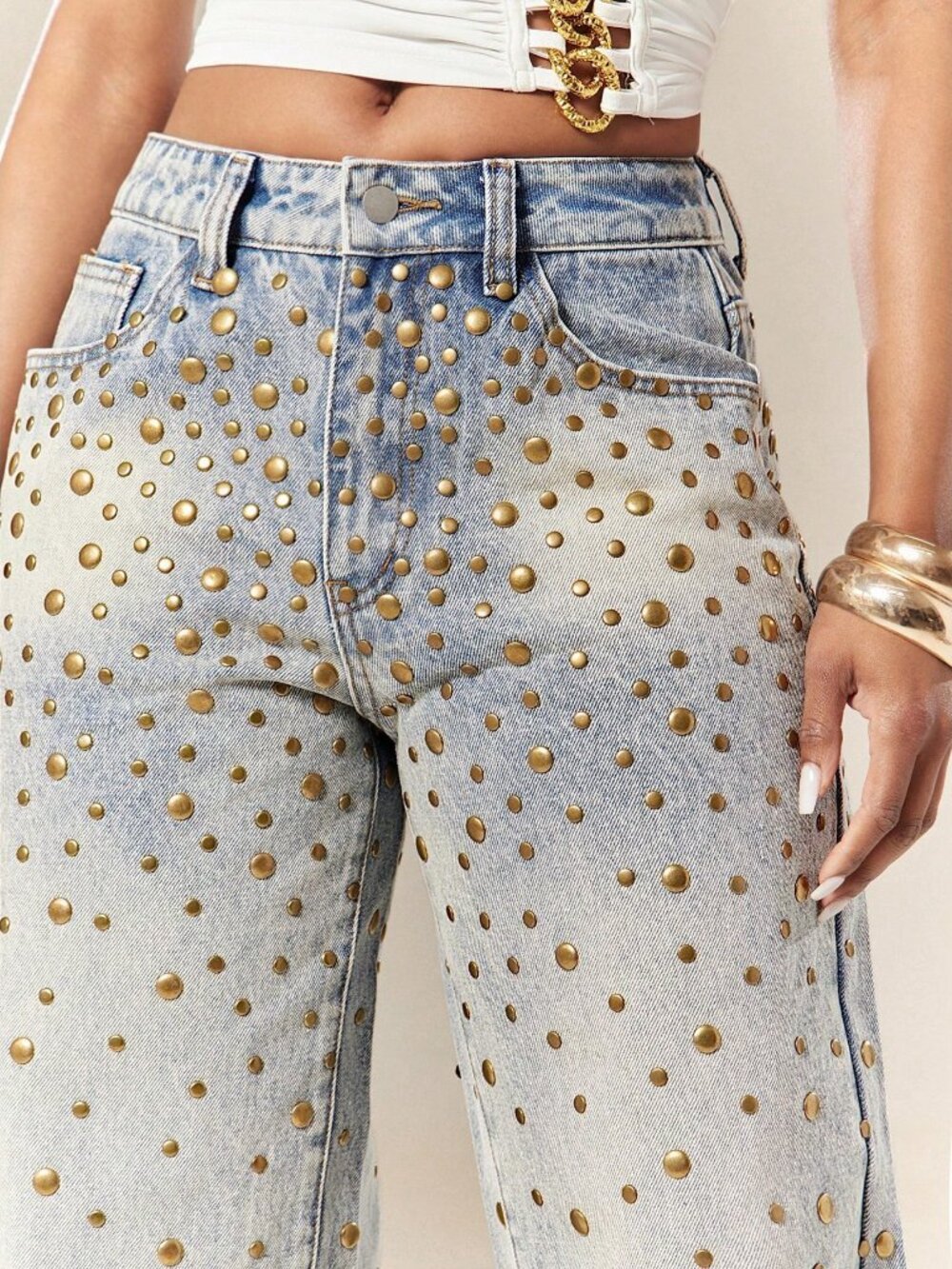 Medium Wash Casual Women's Studded Low Waist Zipper Fly Loose Straight Leg Jeans